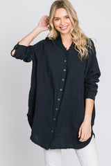 Navy Distressed Seam Button Down Top