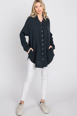 Navy Distressed Seam Button Down Top