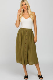 Olive Button Accent Pleated Midi Skirt