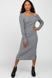 Grey Ribbed Off Shoulder Long Sleeve Midi Dress