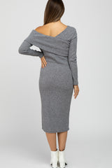 Grey Ribbed Off Shoulder Long Sleeve Maternity Midi Dress