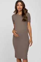 Taupe Ribbed Short Sleeve Fitted Maternity Dress