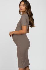 Taupe Ribbed Short Sleeve Fitted Maternity Dress
