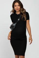 Black Ribbed Short Sleeve Fitted Maternity Dress