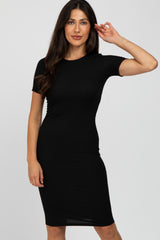 Black Ribbed Short Sleeve Fitted Maternity Dress