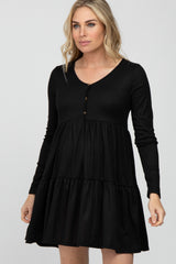 Black Ribbed Button Front Tiered Maternity Dress