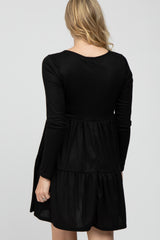 Black Ribbed Button Front Tiered Maternity Dress