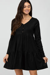 Black Ribbed Button Front Tiered Dress