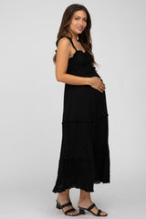 Black Ruffle Accent Maternity Midi Dress