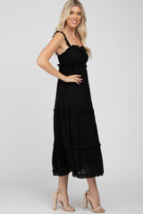 Black Ruffle Accent Midi Dress