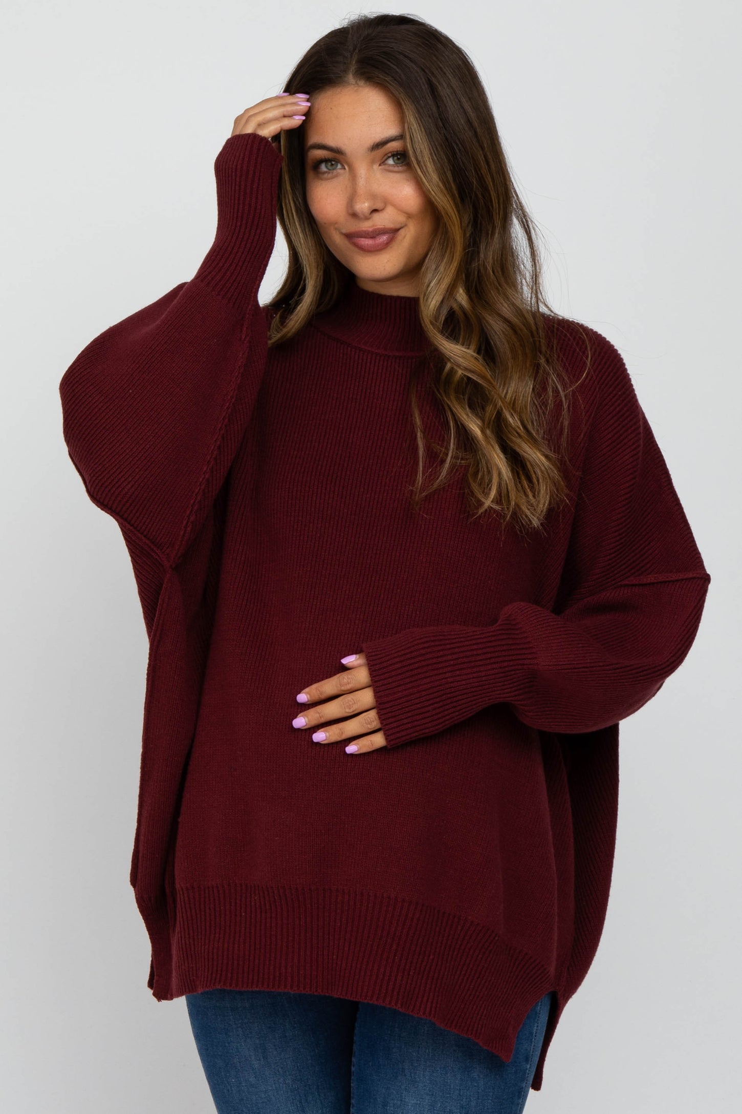 Burgundy Mock Neck Exposed Seam Maternity Sweater– PinkBlush