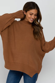 Camel Mock Neck Exposed Seam Maternity Sweater