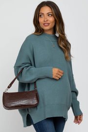 Light Teal Mock Neck Exposed Seam Maternity Sweater