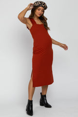 Rust Sleeveless Ribbed Ruffle Strap Maternity Dress