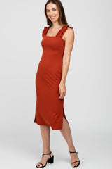 Rust Sleeveless Ribbed Ruffle Strap Maternity Dress