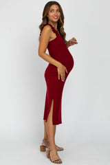 Burgundy Sleeveless Ribbed Ruffle Strap Maternity Dress