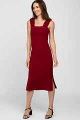 Burgundy Sleeveless Ribbed Ruffle Strap Dress