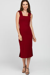 Burgundy Sleeveless Ribbed Ruffle Strap Dress