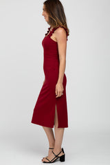 Burgundy Sleeveless Ribbed Ruffle Strap Dress