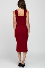 Burgundy Sleeveless Ribbed Ruffle Strap Dress