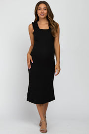 Black Sleeveless Ribbed Ruffle Strap Maternity Dress