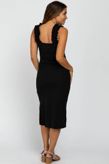 Black Sleeveless Ribbed Ruffle Strap Maternity Dress