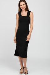 Black Sleeveless Ribbed Ruffle Strap Dress