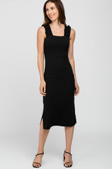 Black Sleeveless Ribbed Ruffle Strap Dress