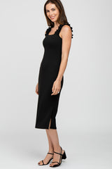 Black Sleeveless Ribbed Ruffle Strap Dress