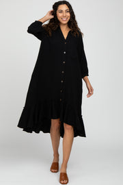 Black Button Down Hi-Low Midi Dress