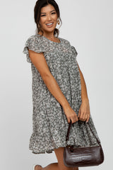 Grey Floral Chiffon Tiered Dress