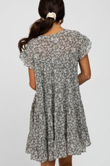 Grey Floral Chiffon Tiered Dress