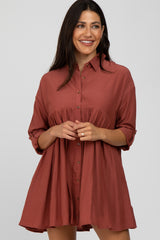 Rust Button Front Collared Dress