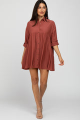 Rust Button Front Collared Dress