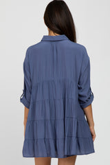 Blue Button Front Collared Dress