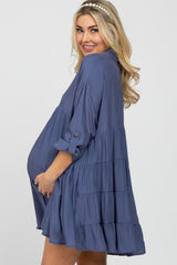 Blue Button Front Collared Maternity Dress