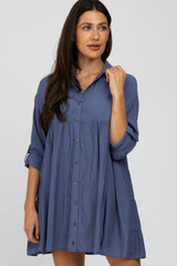 Blue Button Front Collared Maternity Dress