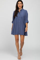 Blue Button Front Collared Dress