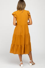 Camel Tiered Ruffle Sleeve Midi Dress