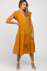 Camel Tiered Ruffle Sleeve Midi Dress