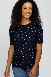 Navy Floral Print Ruched Top