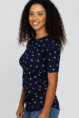 Navy Floral Print Ruched Top