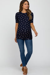 Navy Floral Print Ruched Maternity Top