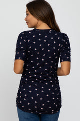 Navy Floral Print Ruched Maternity Top