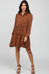 Rust Animal Print Collared Button Front Dress