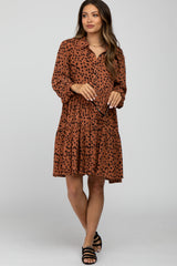 Rust Animal Print Collared Button Front Maternity Dress