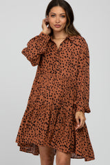 Rust Animal Print Collared Button Front Maternity Dress