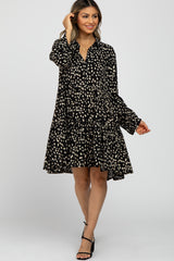 Black Animal Print Collared Button Front Dress