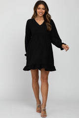 Black Ruffle Trim Long Sleeve Maternity Dress