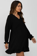 Black Ruffle Trim Long Sleeve Maternity Dress